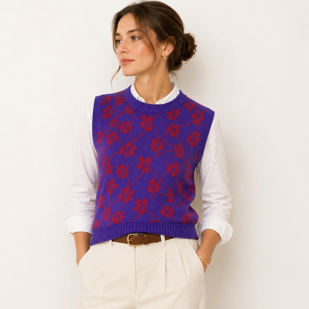 Pendleton Floral Wool Sweater Vest M Purple Red 70s Vintage Preppy Country Golf
